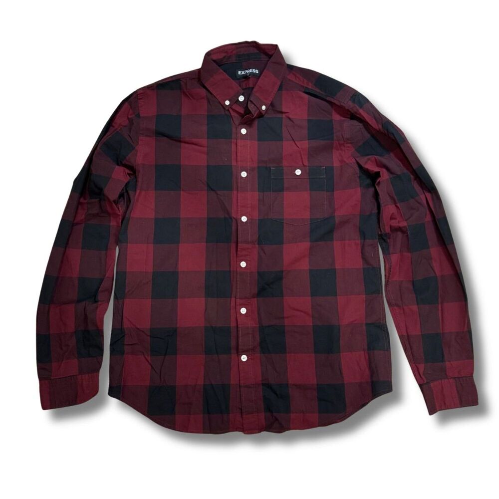 Express Plaid Button Down Dress Shirt - Red and Black, L